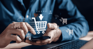 Hand typing on phone with eCommerce icons