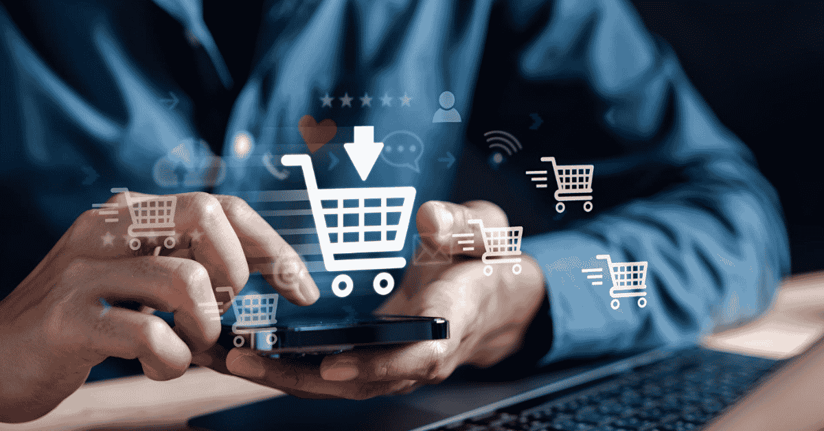 Hand typing on phone with eCommerce icons